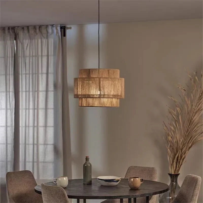 Lampe Japonaise en Corde de Chanvre, Suspension Zen à Lumière Douce