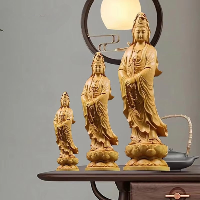 Statue Japonaise Guan Yin en Bois Massif | Sculpture Zen Compassion & Sérénité