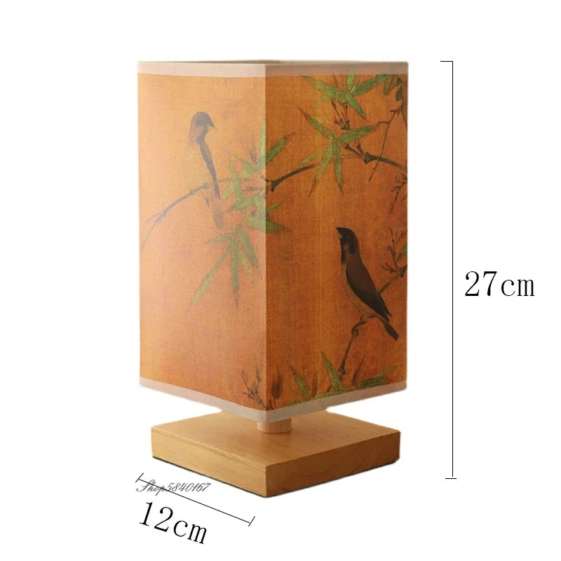 Lampe de Chevet Motif Bambou & Oiseaux en Bois et Tissu, Lumière Zen Poétique