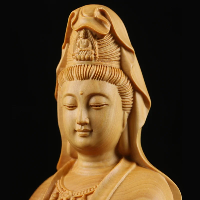 Statue Japonaise Guan Yin en Bois Massif | Sculpture Zen Compassion & Sérénité
