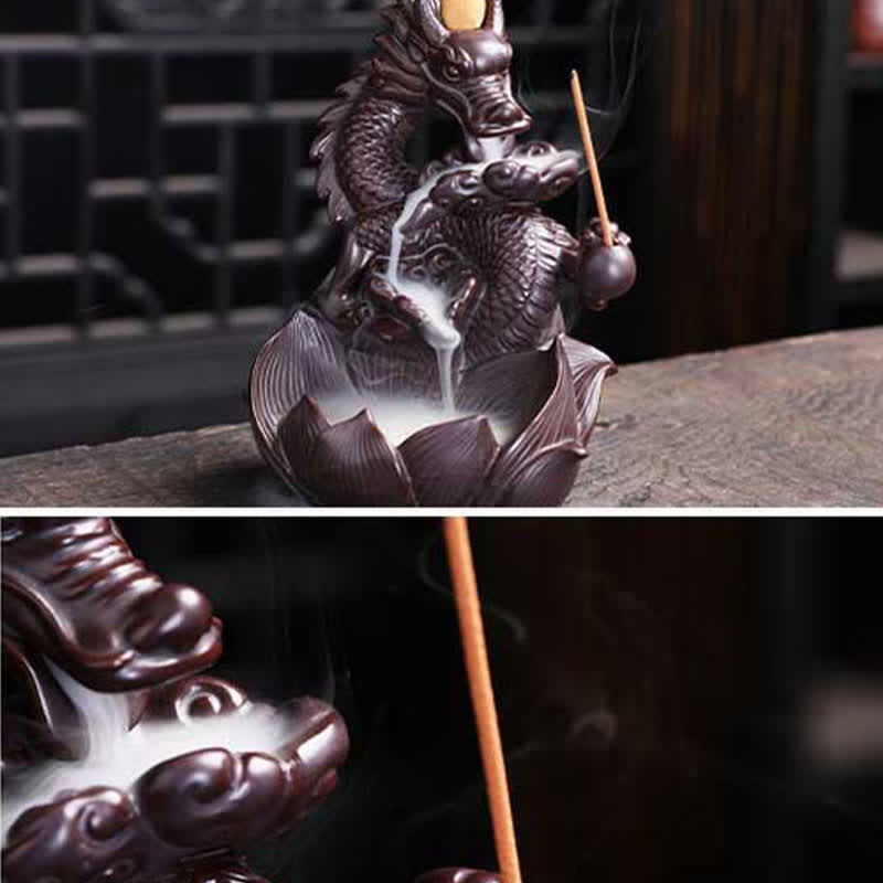 Brûleur d'encens en céramique à motif de dragon et de lotus