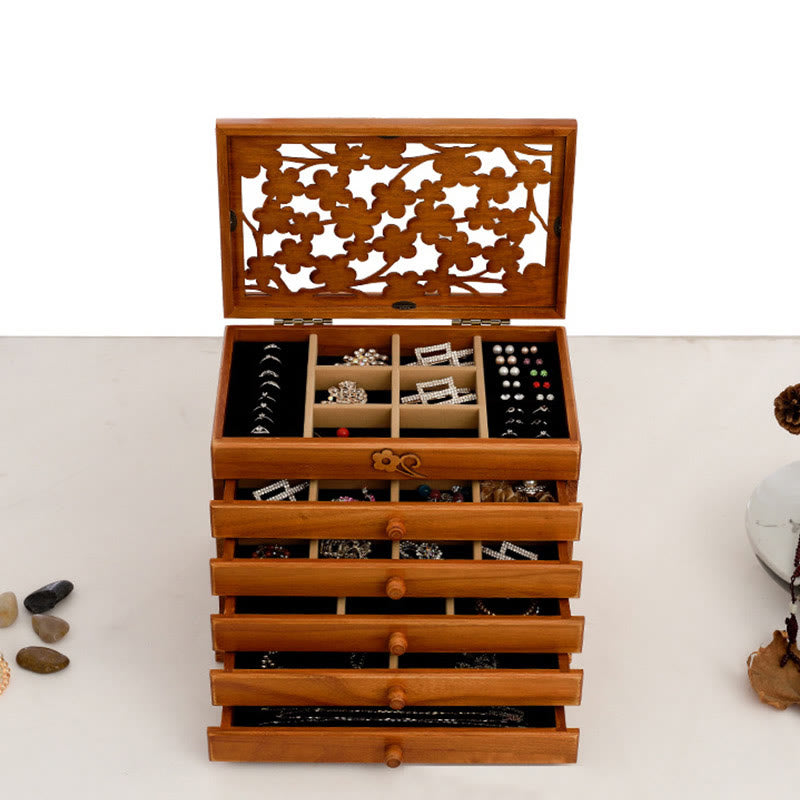 Boîte à bijoux en bois sculpté à six niveaux avec Buddha Stones et fleur de prunier vintage
