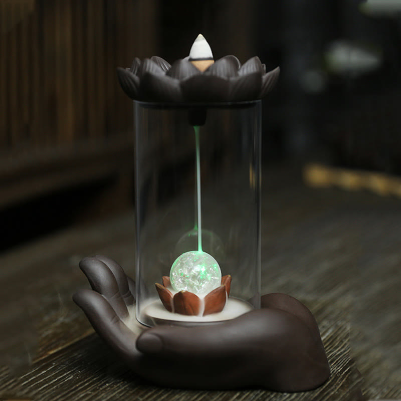 Porte-Encens Main de Bouddha Lotus Éveil en Argile Pourpre avec LED