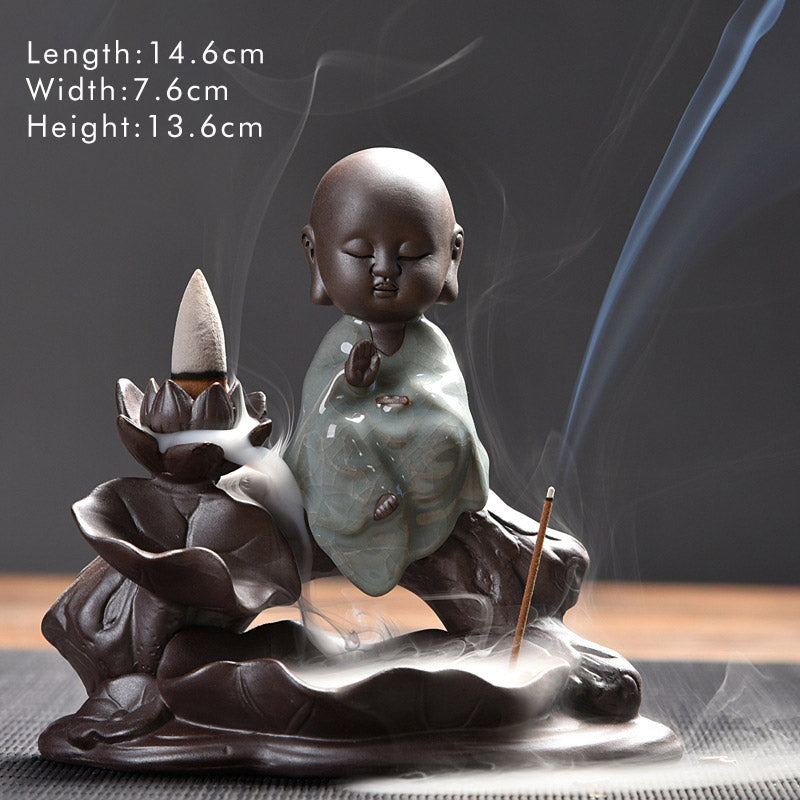 Brûleur d’Encens en Céramique Lotus & Petit Moine à Reflux