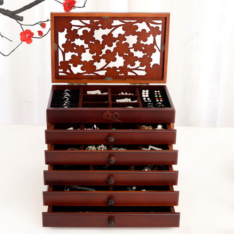 Boîte à bijoux en bois sculpté à six niveaux avec Buddha Stones et fleur de prunier vintage