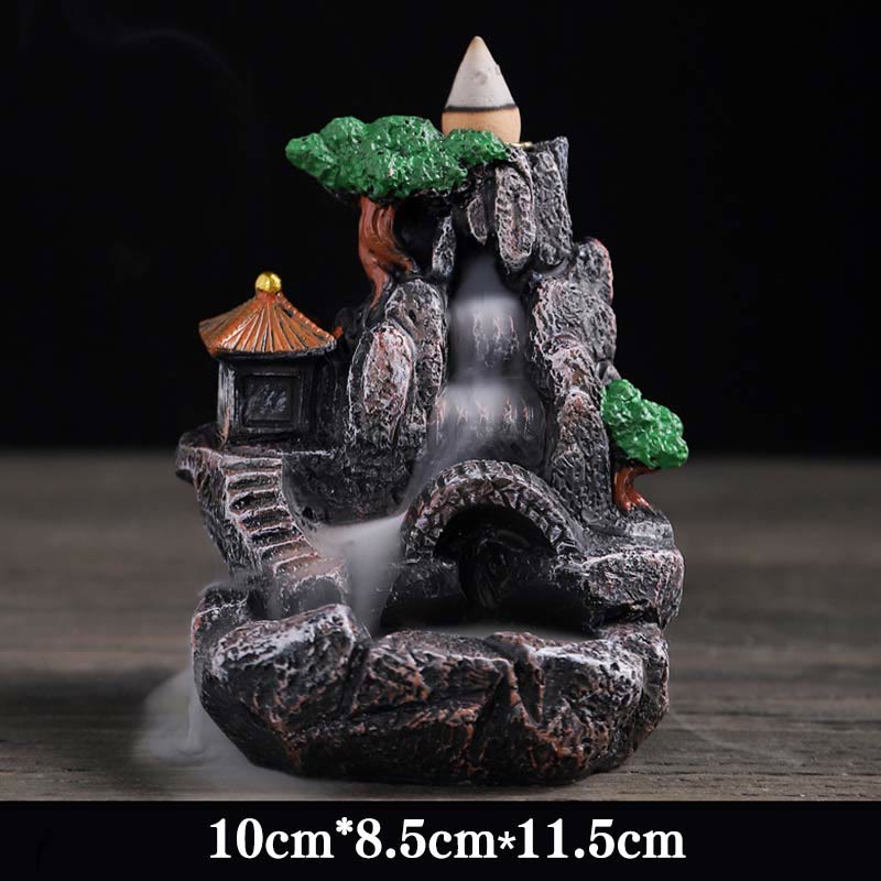 Brûleur d’Encens Bouddha à Cascade Paysage Montagnes en Résine