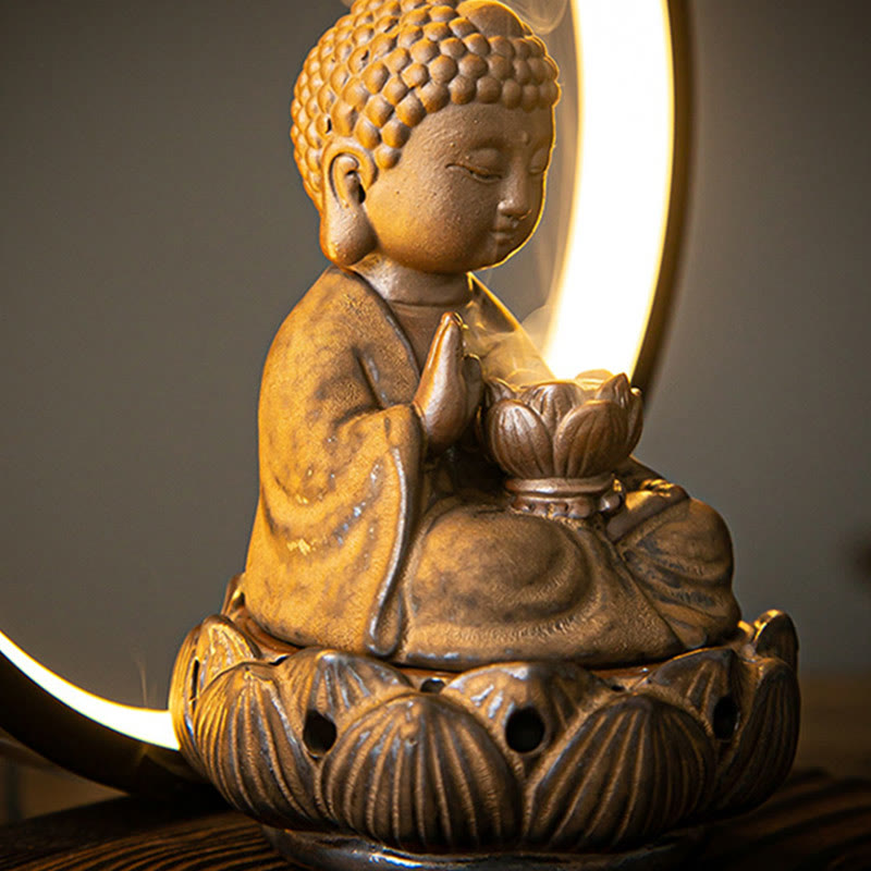Brûleur d’Encens Reflux Bouddha Lotus en Céramique – Porte-Encens LED