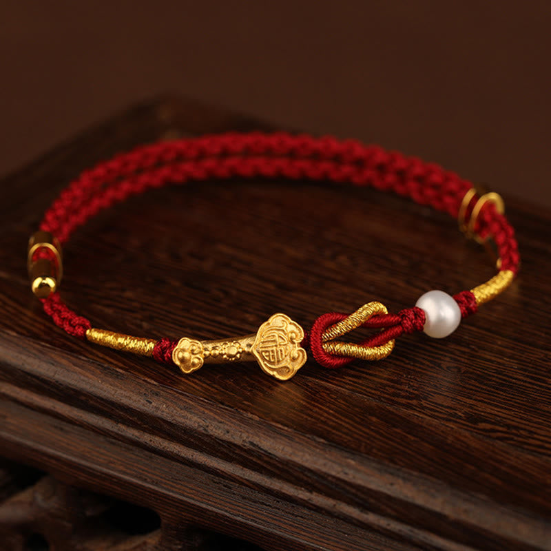 Bracelet Porte-Bonheur Ruyi Fu en Or 24 Carats & Fil Rouge Ajustable