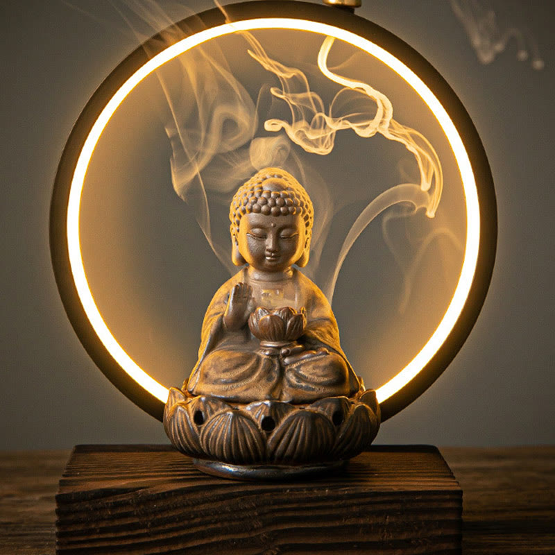 Brûleur d’Encens Reflux Bouddha Lotus en Céramique – Porte-Encens LED
