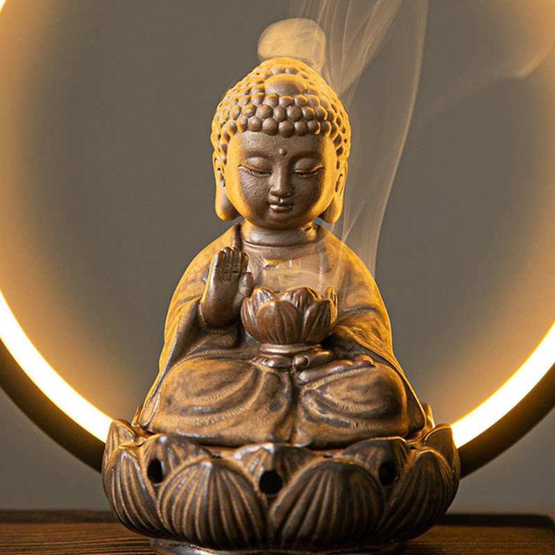 Brûleur d’Encens Reflux Bouddha Lotus en Céramique – Porte-Encens LED