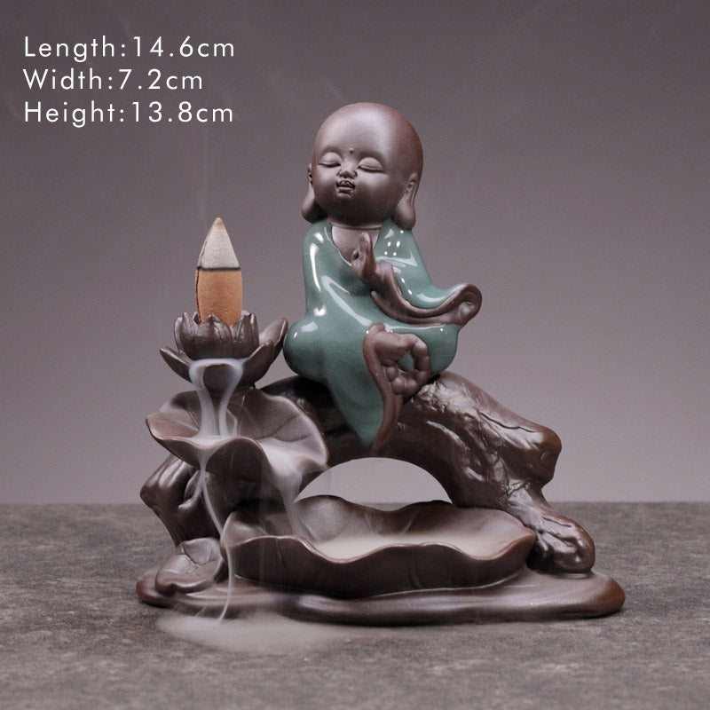 Brûleur d’Encens en Céramique Lotus & Petit Moine à Reflux