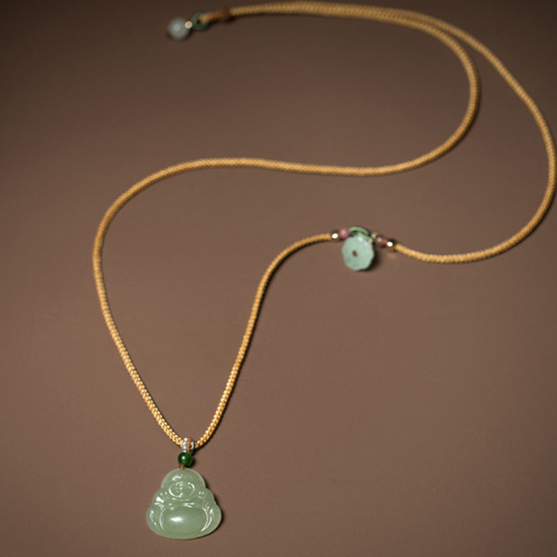 Collier Jade Lotus & Bouddha Rieur – 75 cm