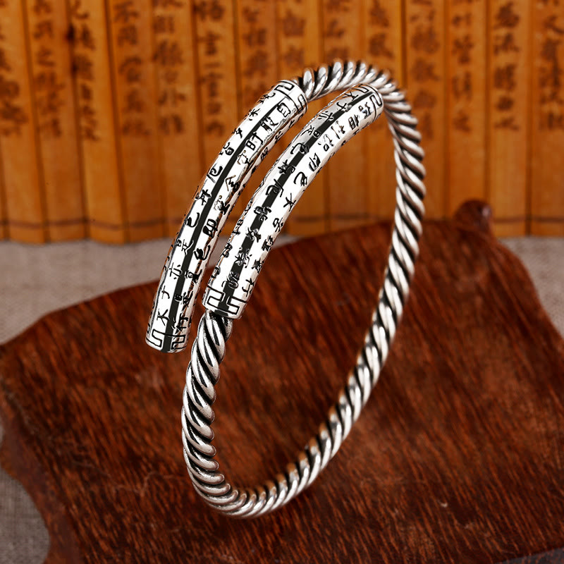 Bracelet en Cuivre Gravé Sutra du Cœur, Motif Torsadé Ajustable