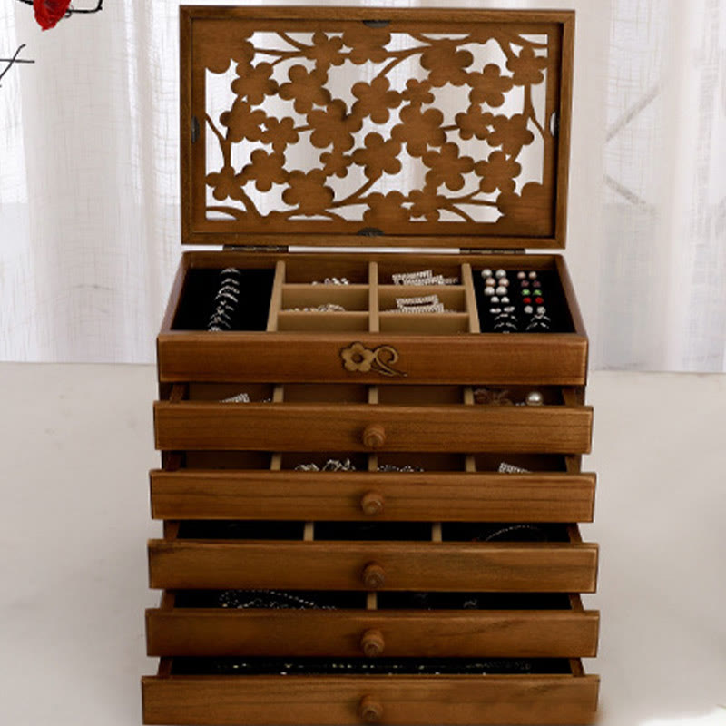 Boîte à bijoux en bois sculpté à six niveaux avec Buddha Stones et fleur de prunier vintage