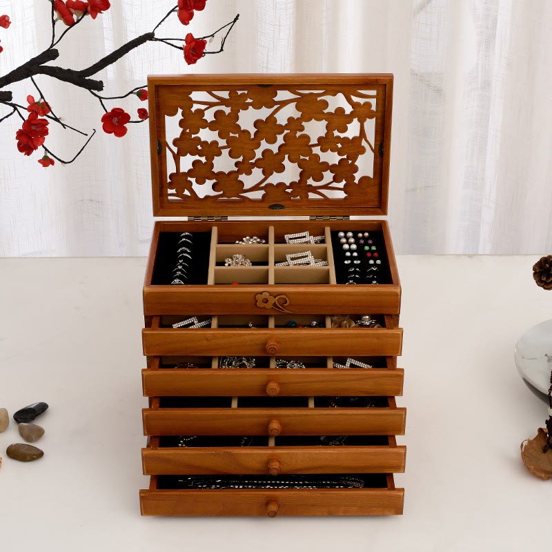 Boîte à bijoux en bois sculpté à six niveaux avec Buddha Stones et fleur de prunier vintage