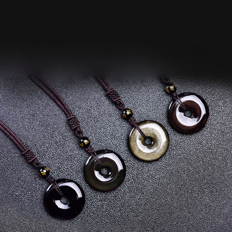 Collier de Protection en Obsidienne Naturelle – Pendentif Circulaire Triple Pierre – Unisexe