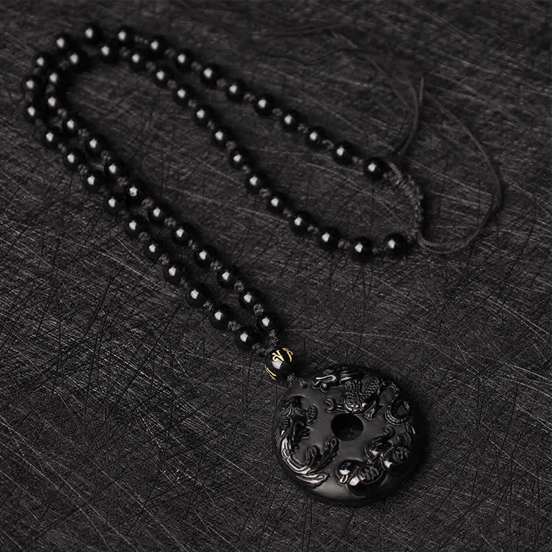 Collier Dragon & Phénix en Obsidienne Noire Naturelle