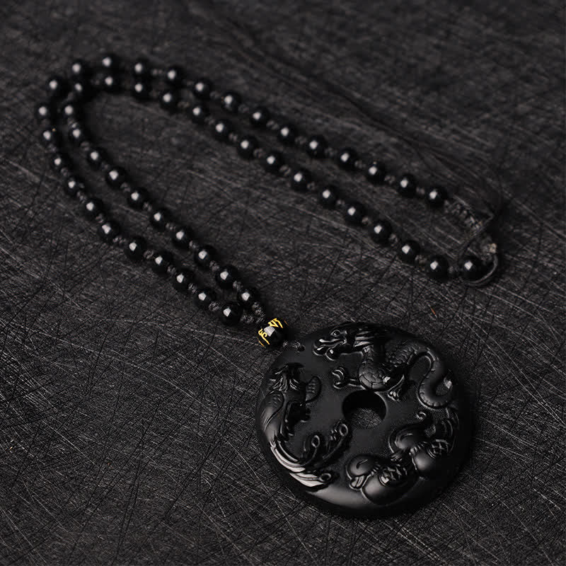 Collier Dragon & Phénix en Obsidienne Noire Naturelle