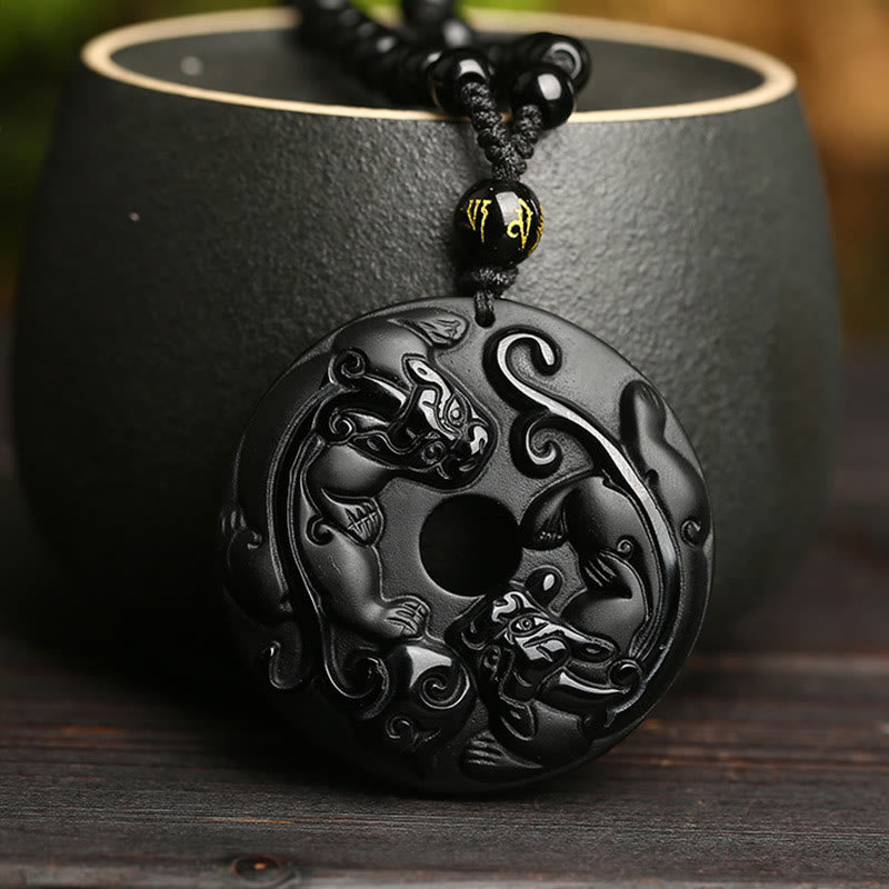 Collier Pixiu & Boucle de Paix en Obsidienne Noire Naturelle
