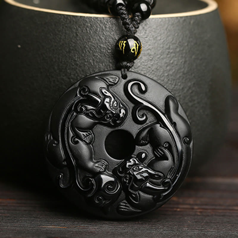 Collier Pixiu & Boucle de Paix en Obsidienne Noire Naturelle
