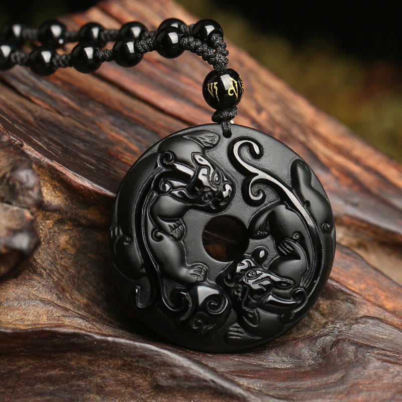 Collier Pixiu & Boucle de Paix en Obsidienne Noire Naturelle