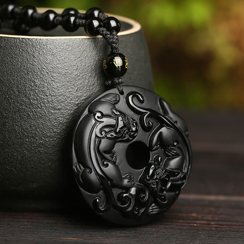 Collier Pixiu & Boucle de Paix en Obsidienne Noire Naturelle