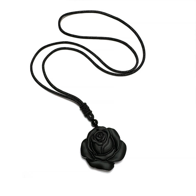 Collier Pendentif Rose en Obsidienne Noire Naturelle