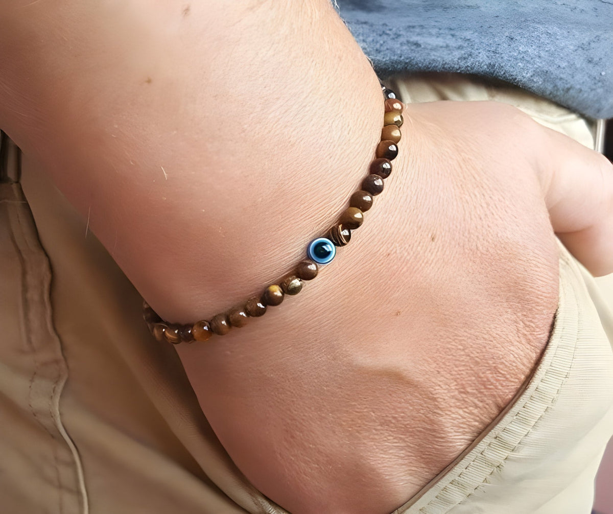 Bracelet en Onyx Noir & Symbole du Mauvais Œil (Perles 4 mm)