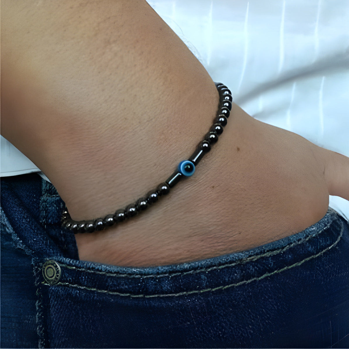 Bracelet en Onyx Noir & Symbole du Mauvais Œil (Perles 4 mm)