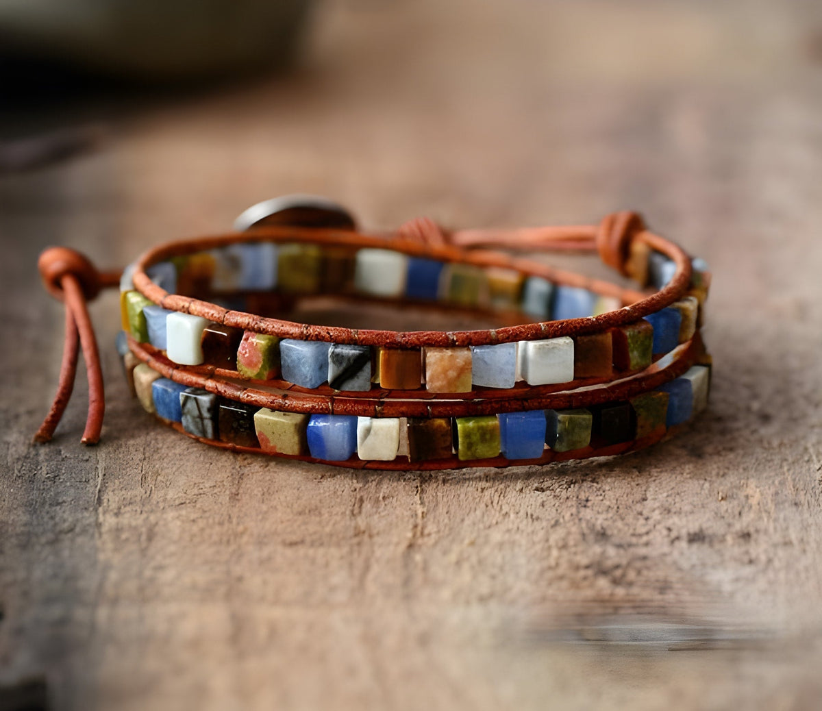 Bracelet Double Tour « Vie Colorée » en Pierres Naturelles & Cuir
