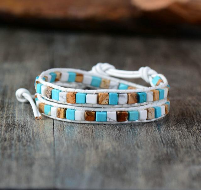 Bracelet Double Tour « Vie Colorée » en Pierres Naturelles & Cuir
