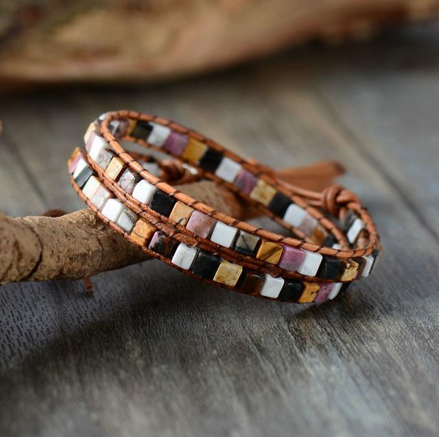Bracelet Double Tour « Vie Colorée » en Pierres Naturelles & Cuir