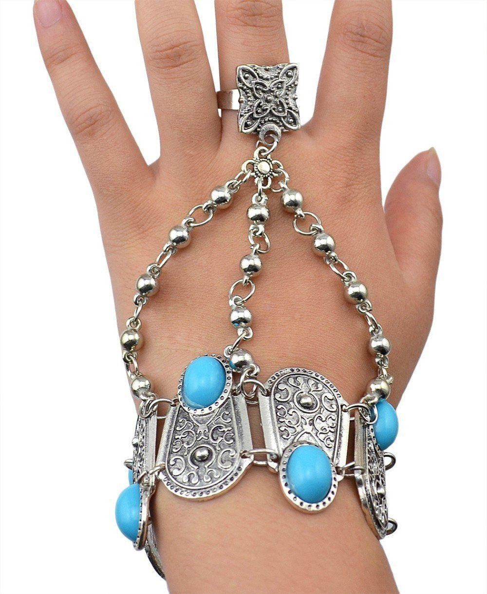 Chaîne de Main Bohème en Argent Vintage avec Fleur & Pièce (Ajustable)