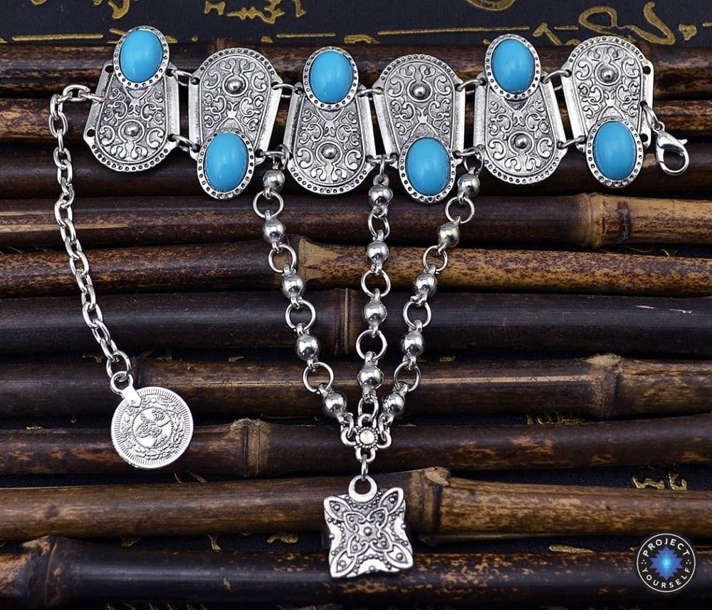 Chaîne de Main Bohème en Argent Vintage avec Fleur & Pièce (Ajustable)