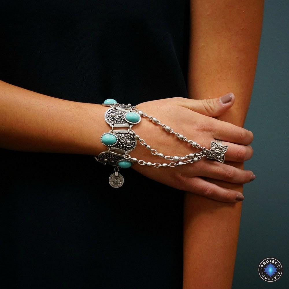 Chaîne de Main Bohème en Argent Vintage avec Fleur & Pièce (Ajustable)