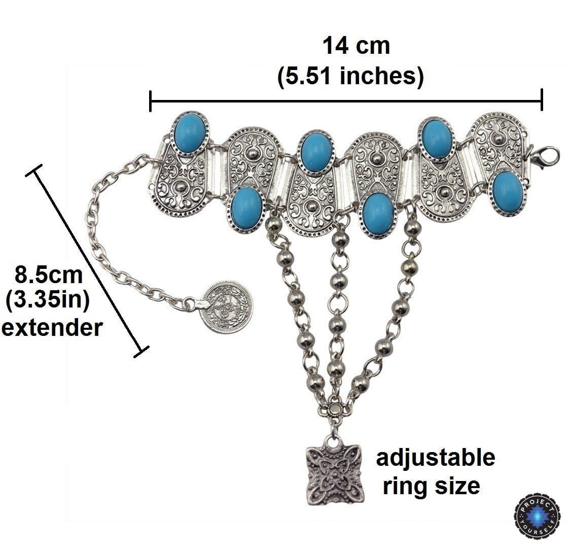 Chaîne de Main Bohème en Argent Vintage avec Fleur & Pièce (Ajustable)