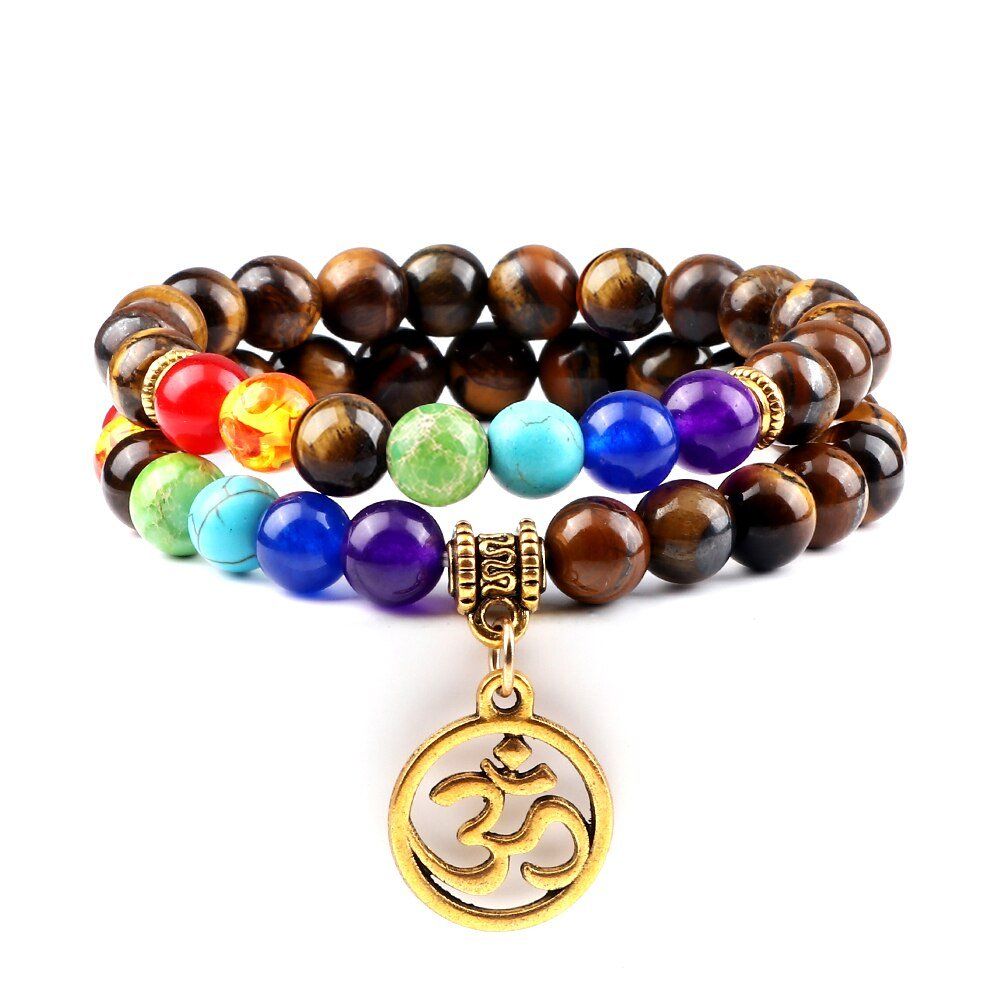 Bracelet Chakra Homme Œil de Tigre avec Symbole Bouddhiste Aum Doré
