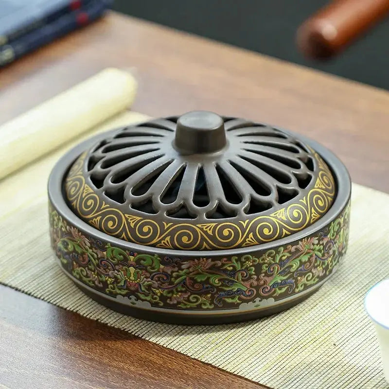 Brûleur d’Encens en Céramique Grand Format, Motifs Asiatiques