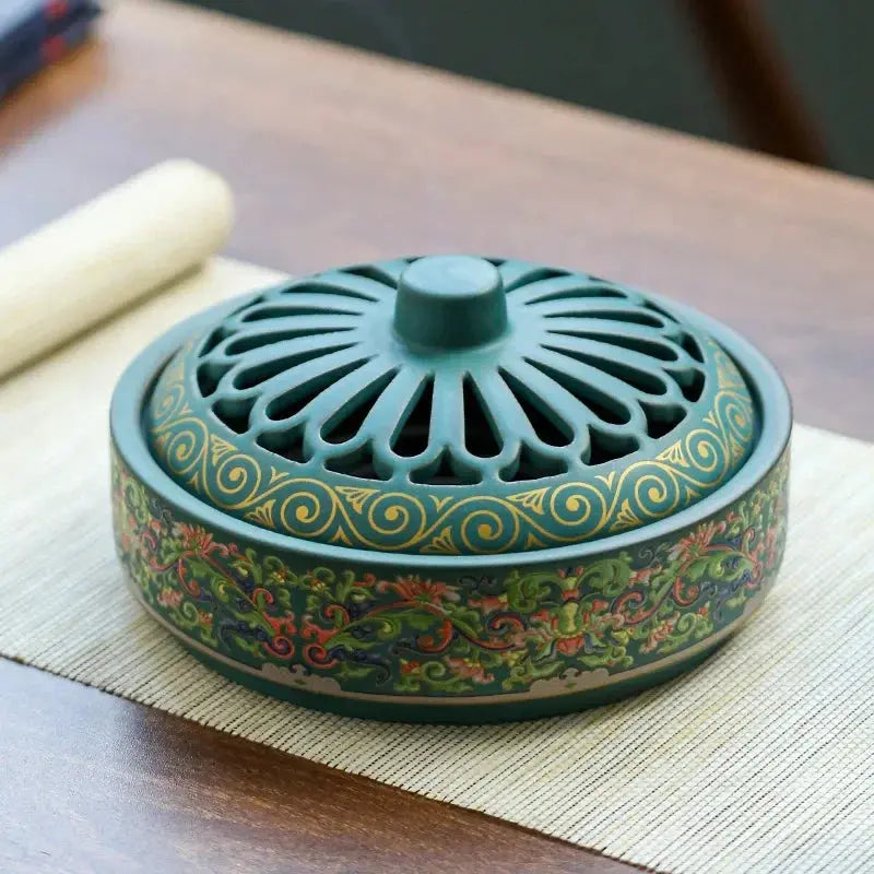 Brûleur d’Encens en Céramique Grand Format, Motifs Asiatiques