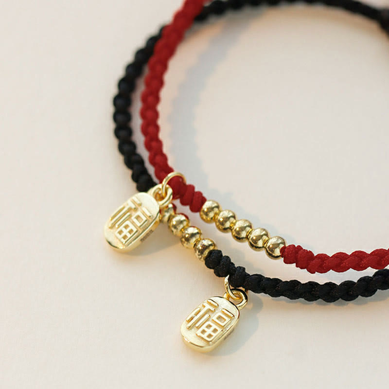 Bracelet Fil Rouge avec Symbole Fu (福) en Cuivre