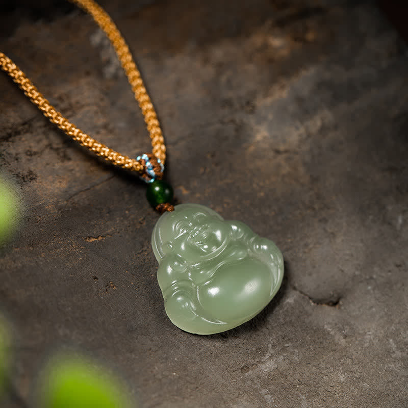 Collier Jade Lotus & Bouddha Rieur – 75 cm