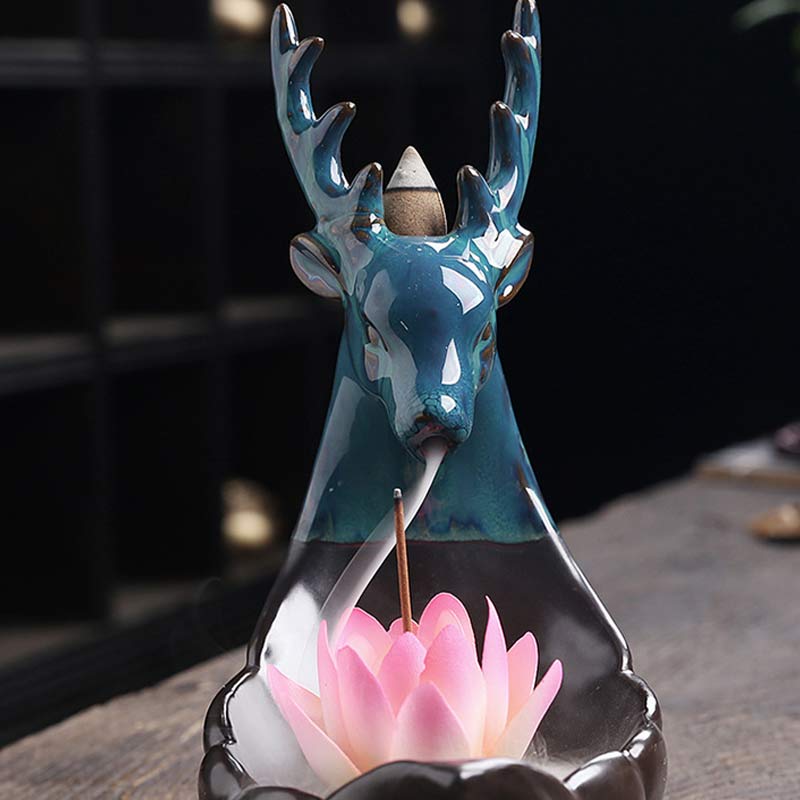 Brûleur d'encens de méditation en céramique Buddha Stones Little Deer Lotus