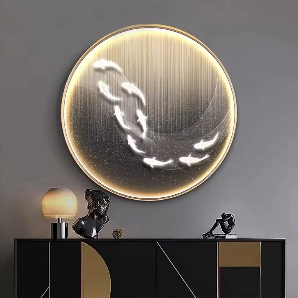Décoration Murale Japonaise Circulaire Lumineuse aux Poissons
