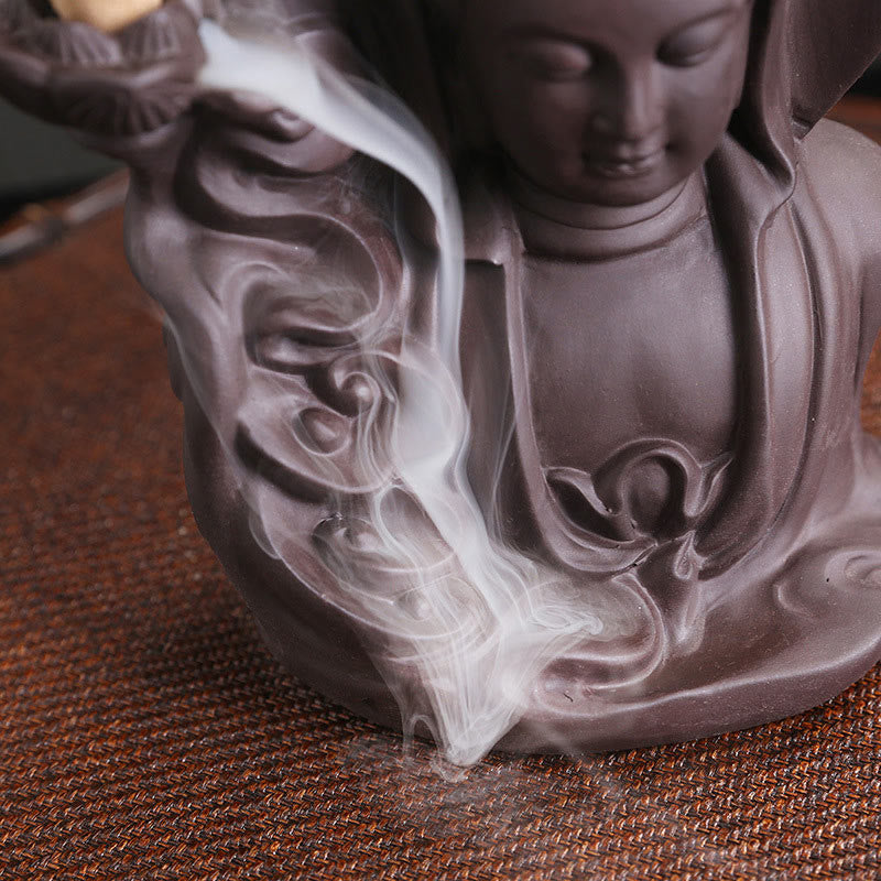 Brûleur d’Encens à Reflux Bouddha en Argile Pourpre – Design Lotus