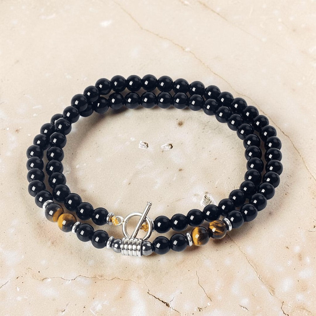 Collier Bouclier de Sagesse en Obsidienne Noire & Oeil de Tigre