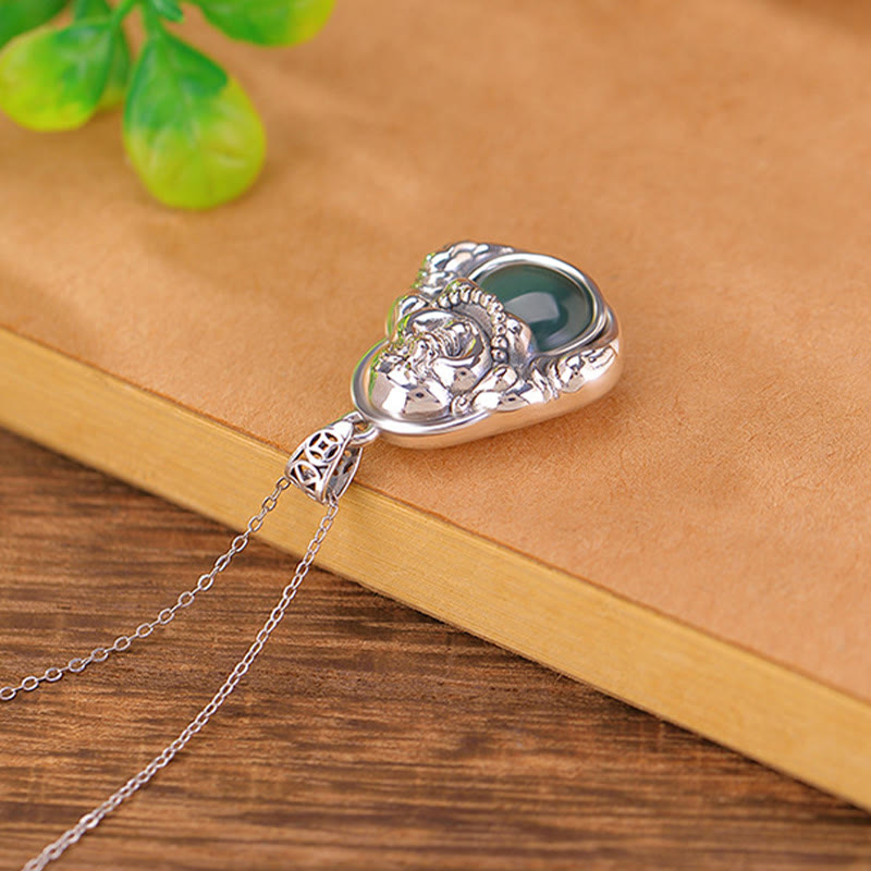 Collier Bouddha en Jade Cyan Naturel et Argent 999