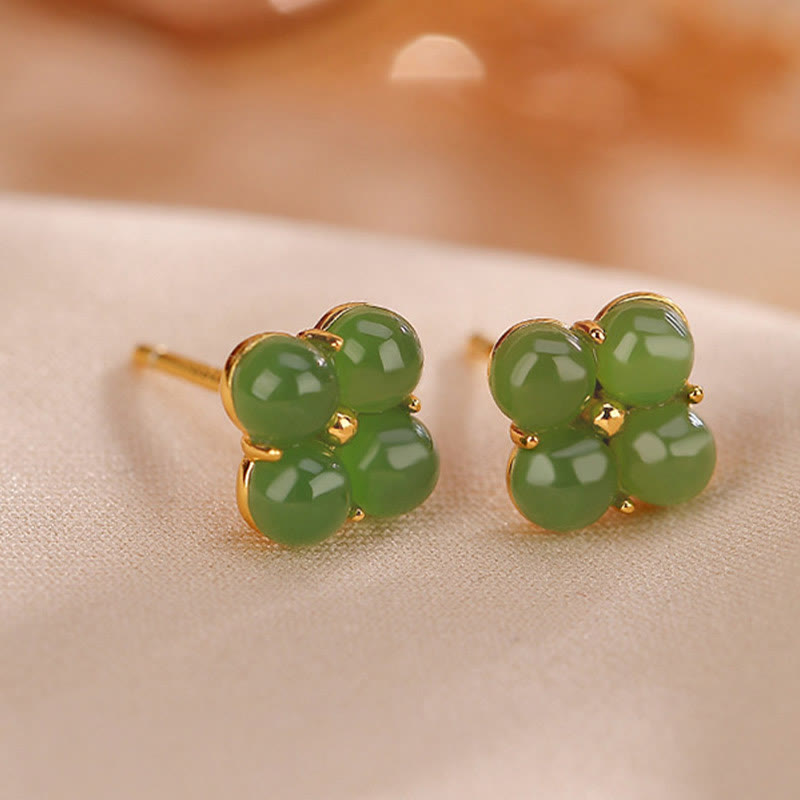 Boucles d’Oreilles Clous Trèfle à Quatre Feuilles en Jade Cyan – 8 mm