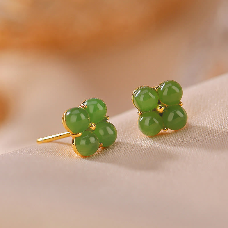 Boucles d’Oreilles Clous Trèfle à Quatre Feuilles en Jade Cyan – 8 mm