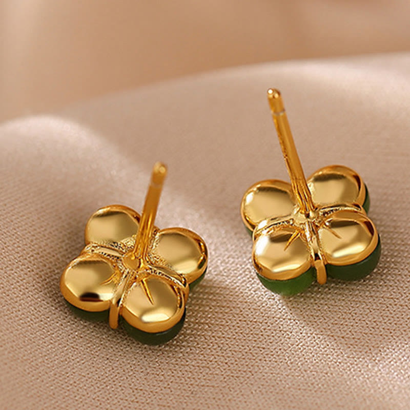 Boucles d’Oreilles Clous Trèfle à Quatre Feuilles en Jade Cyan – 8 mm