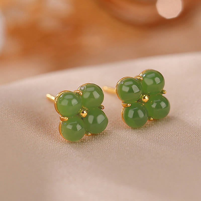 Boucles d’Oreilles Clous Trèfle à Quatre Feuilles en Jade Cyan – 8 mm